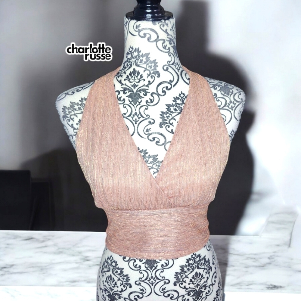 Charlotte Russe Rose Gold Shimmer Halter Crop Top